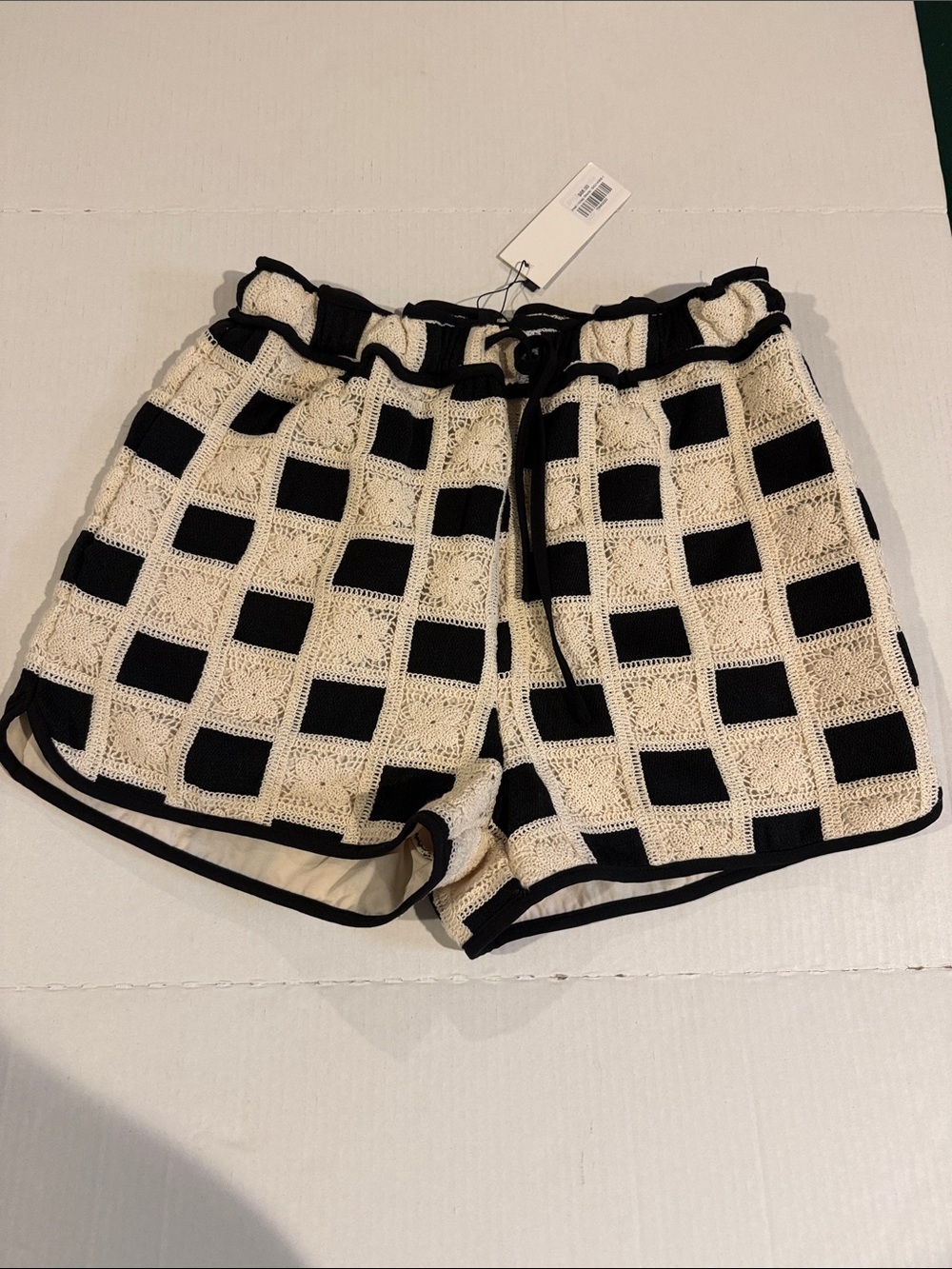 Crochet Check Drawstring Women’s Shorts - Black & Cream NWT